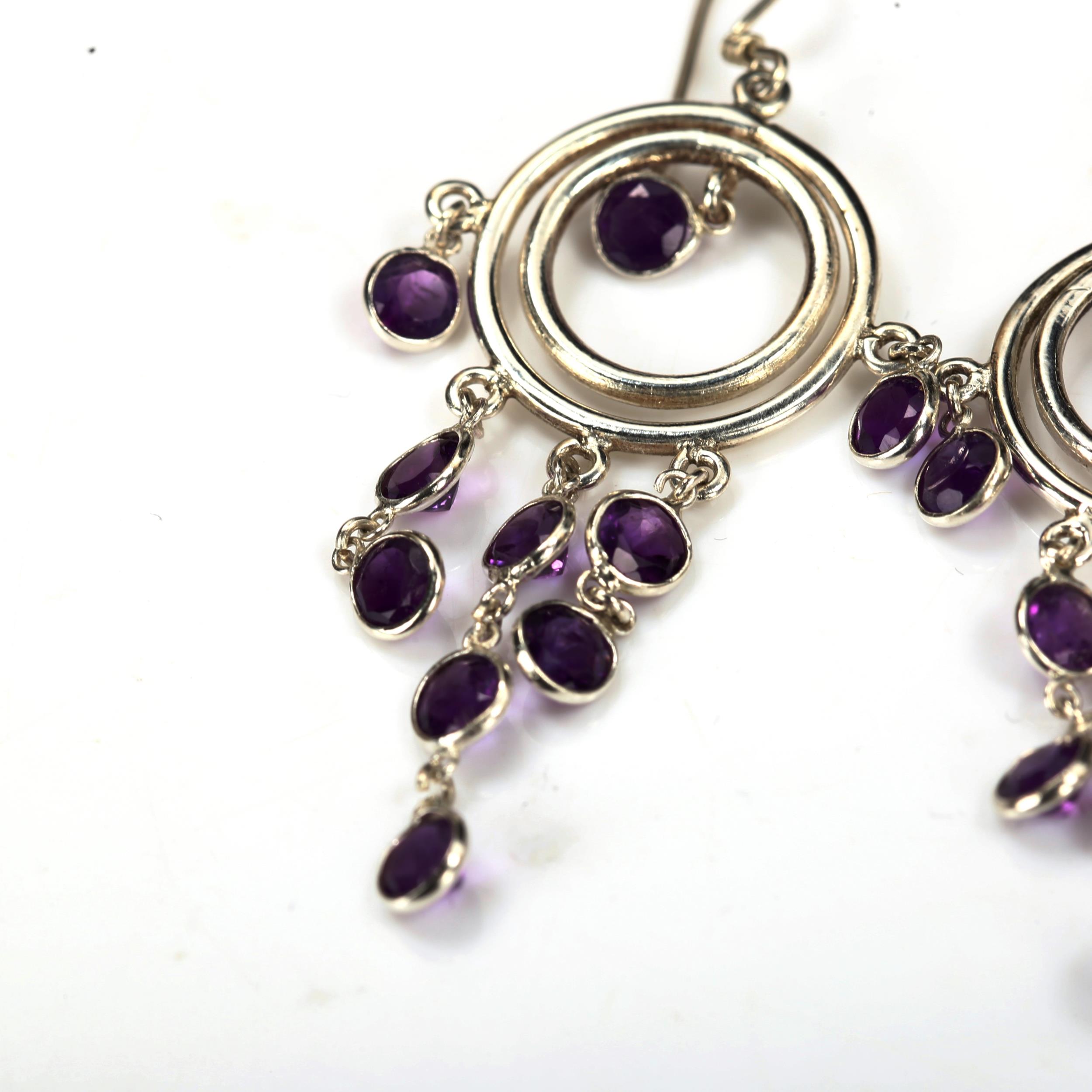 A pair of modern sterling silver and amethyst dream catcher earrings, earring height 56.2mm, 5.8g No - Image 3 of 4