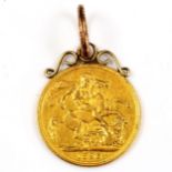 A Victoria 1896 gold full sovereign coin, Old Head, Melbourne Mint, on pendant mount, 8.8g