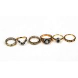 6 stone set rings, comprising 4 x 9ct (11g), 1 x 18ct (2.8g), and 1 x unmarked (3g) (6) No damage or