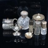 Various silver, including mustard pot, Aladdin style oil lamp, dressing table toilet jars etc, 3.3oz