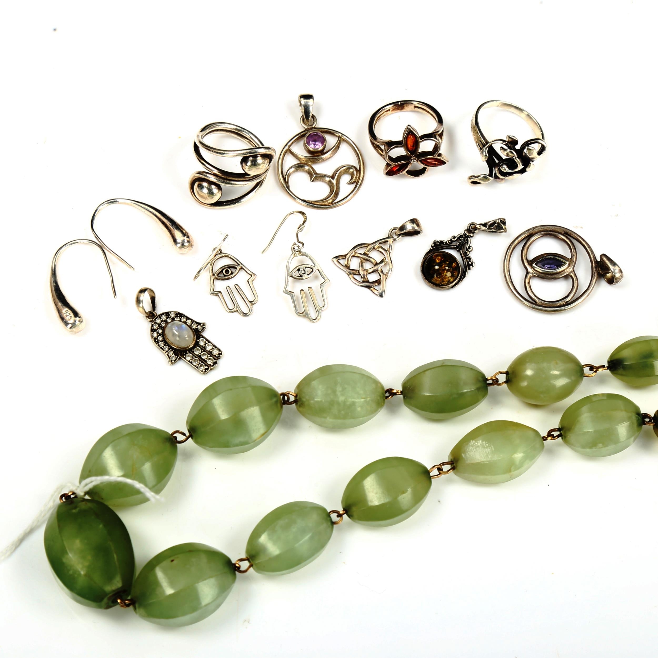 Various silver jewellery and a green hardstone necklace Lot sold as seen unless specific item(s)