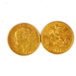 2 gold half sovereign coins, comprising Victoria Young Head shield 1870, and Edward VII 1904, 7.9g