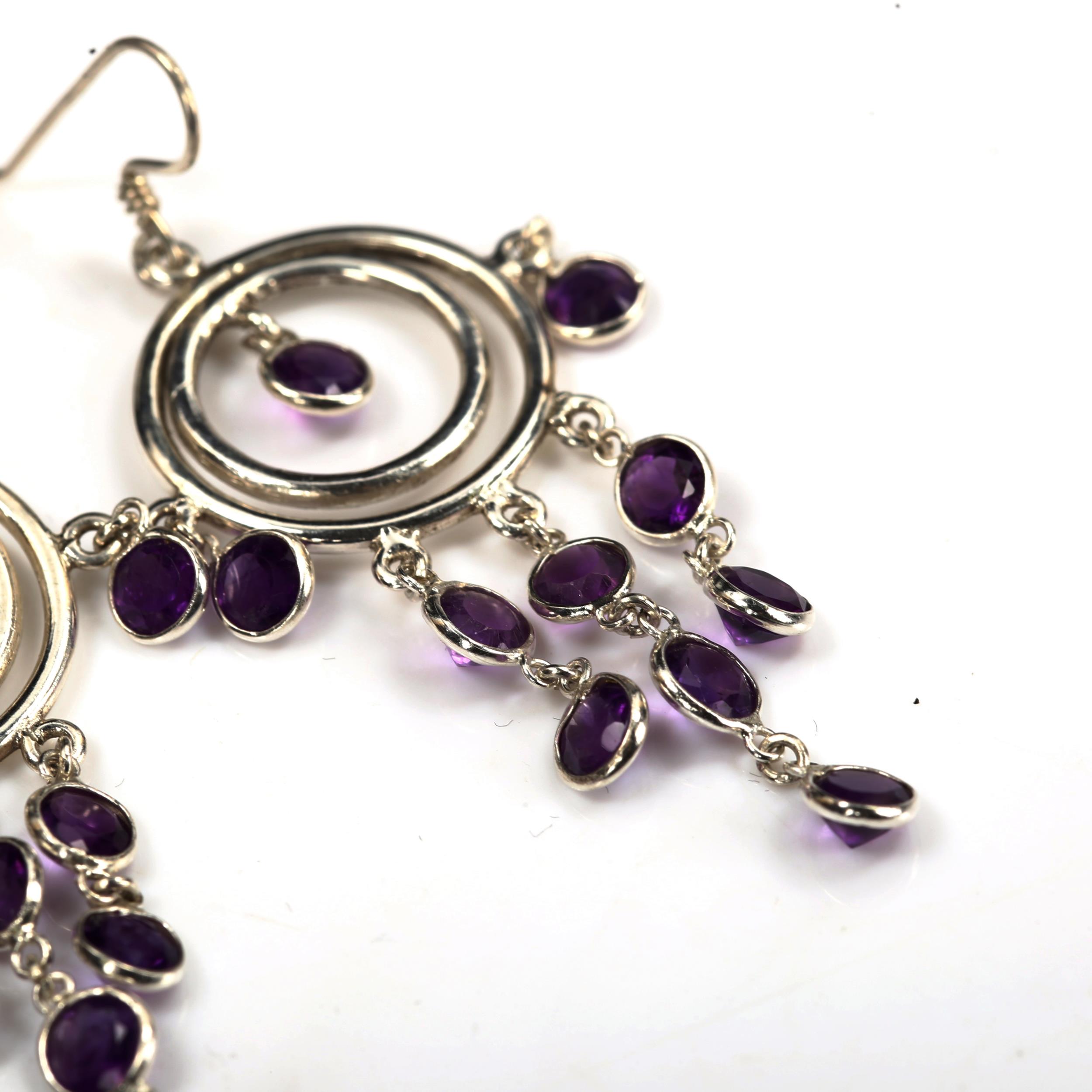 A pair of modern sterling silver and amethyst dream catcher earrings, earring height 56.2mm, 5.8g No - Image 2 of 4