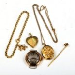 Various jewellery, including miniature 9ct rampant lion, 1.6g, photo locket pendant on 9ct chain,