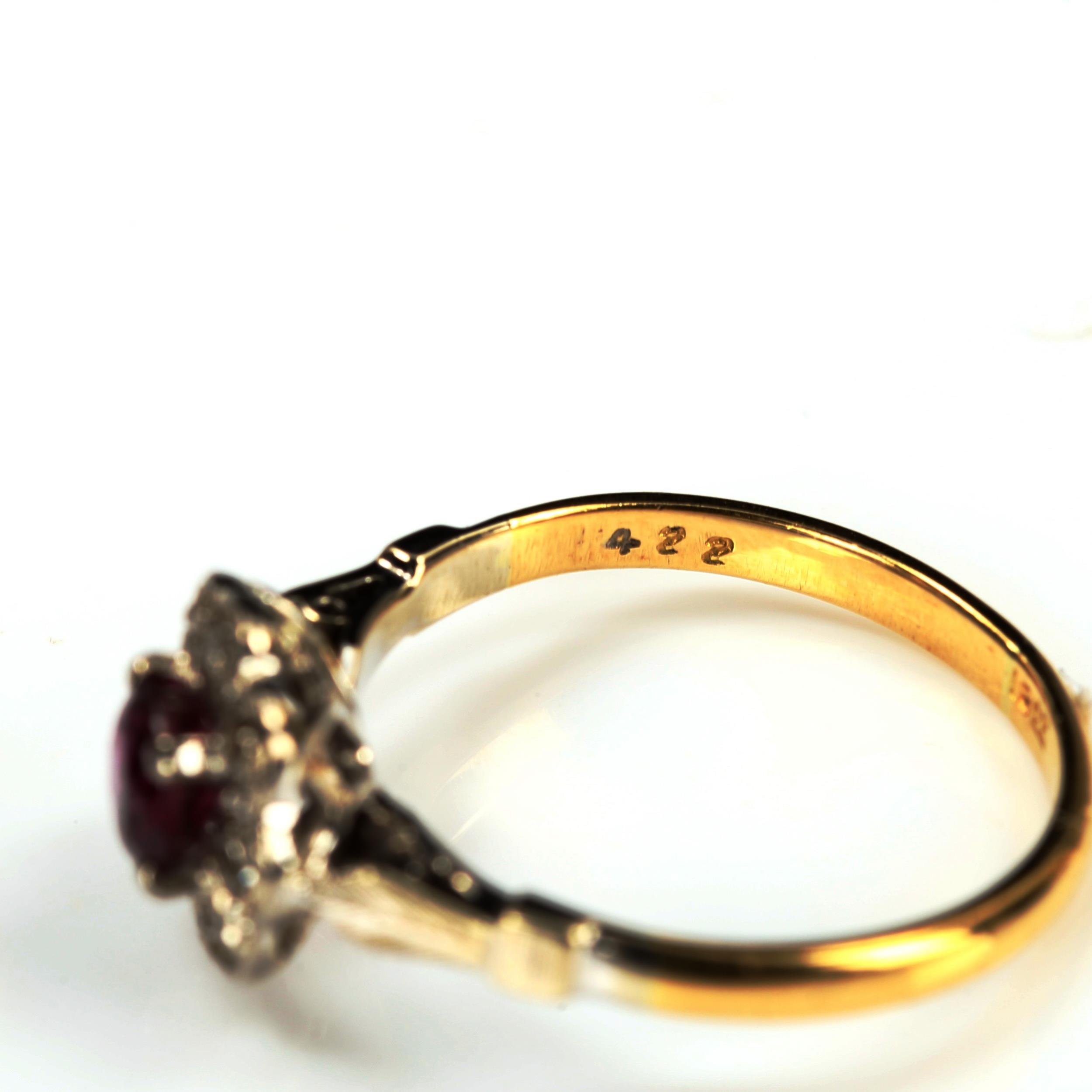 An 18ct gold ruby and diamond cluster ring, set with round-cut ruby and single-cut diamonds, setting - Image 3 of 4