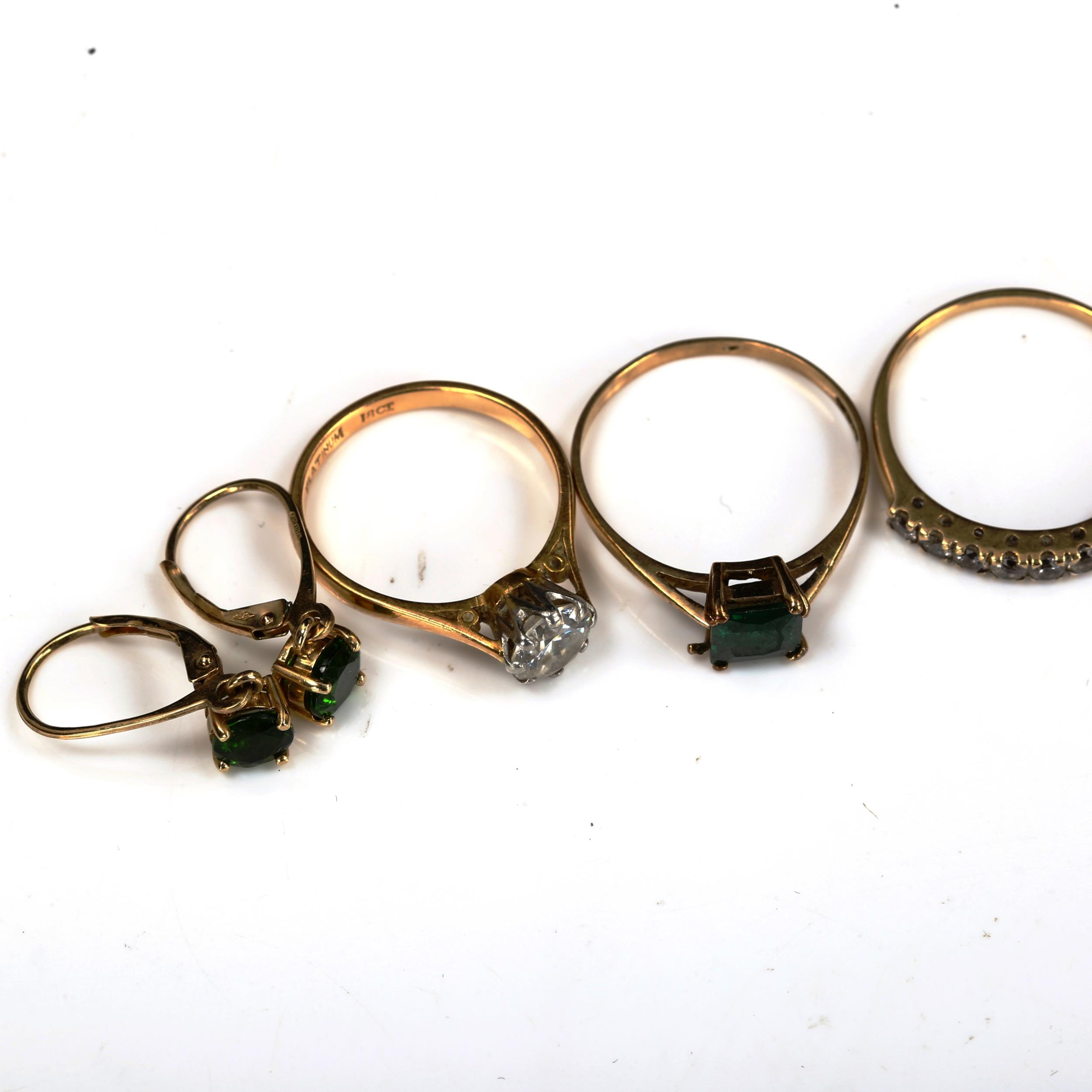 Various 9ct gold jewellery, comprising 4 rings, a pair of earrings, and pendant necklace, 11.2g - Image 2 of 4