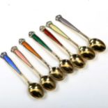 A set of 7 Norwegian vermeil sterling silver and harlequin enamel coffee spoons, length 10cm No