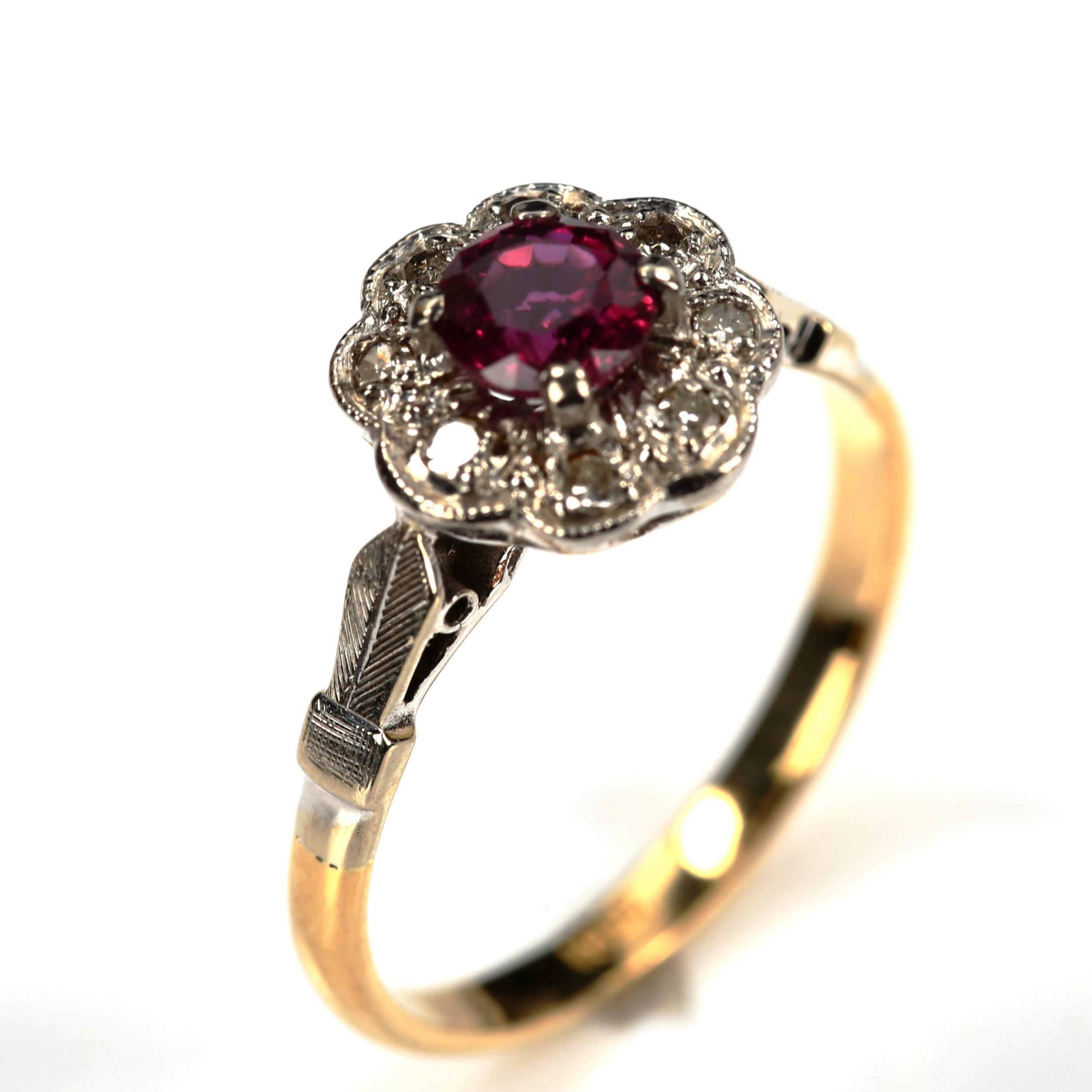 An 18ct gold ruby and diamond cluster ring, set with round-cut ruby and single-cut diamonds, setting - Image 2 of 4