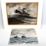 Pat Jobson, 2 charcoal and watercolour drawings, marine scenes, largest 28cm x 38cm, 1 mounted and 1