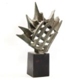 Mid-20th century verdigris patinated bronze abstract sculpture, indistinctly signed on wood