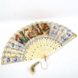 A 19th century French bone and paper fan, with hand-coloured printed romantic scenes, length 27cm