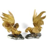 A pair of gilt bronze cockerels on marble base, height 27cm