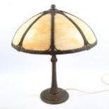 An anodised metal lamp with matching marbled glass mushroom-shaped shade, shade diameter approx 50cm