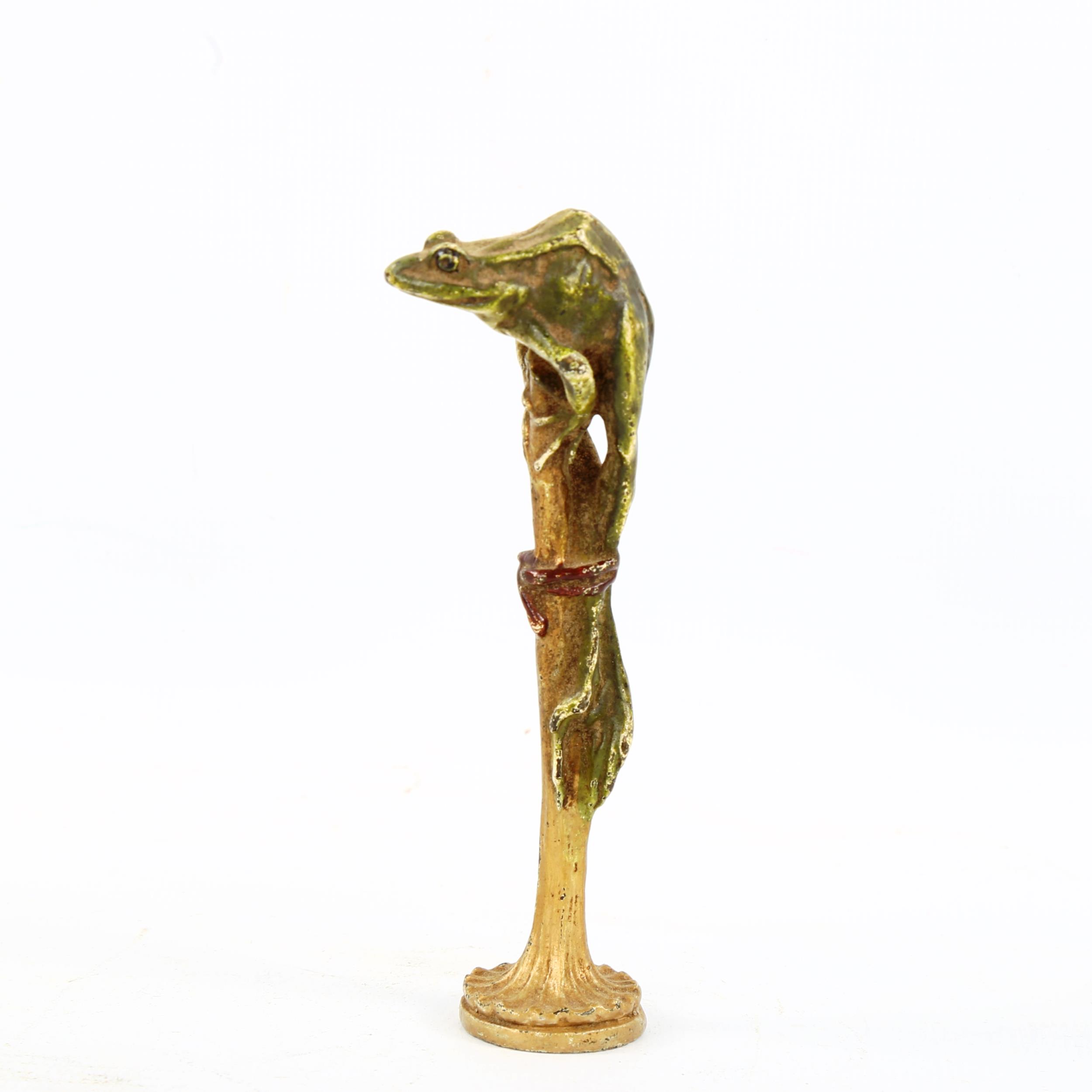 Franz Bergmann, cold painted bronze frog on a pole, height 10.5cm