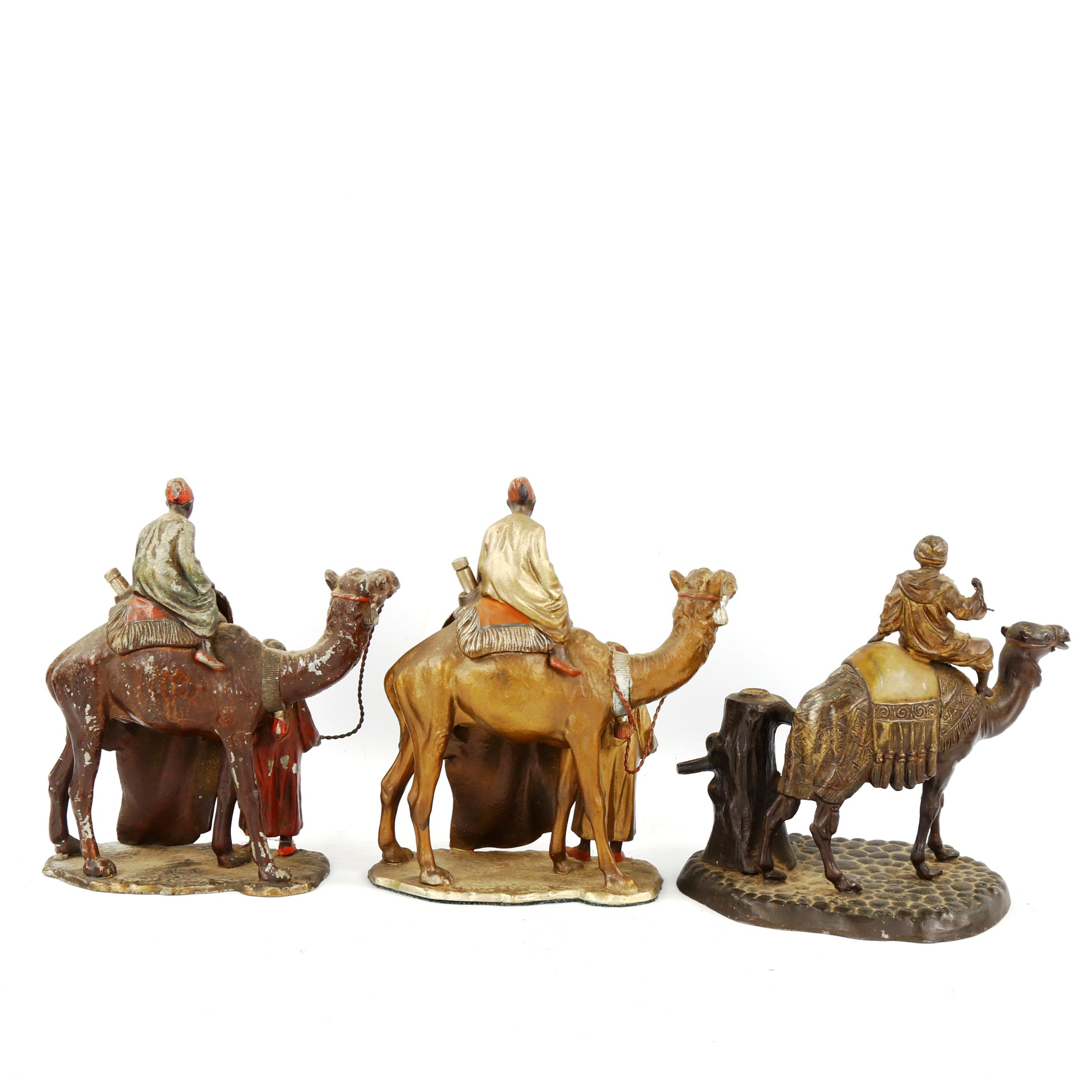 3 Austrian cold painted spelter table lighters, in the form of a camel and rider, height 16cm - Image 2 of 3