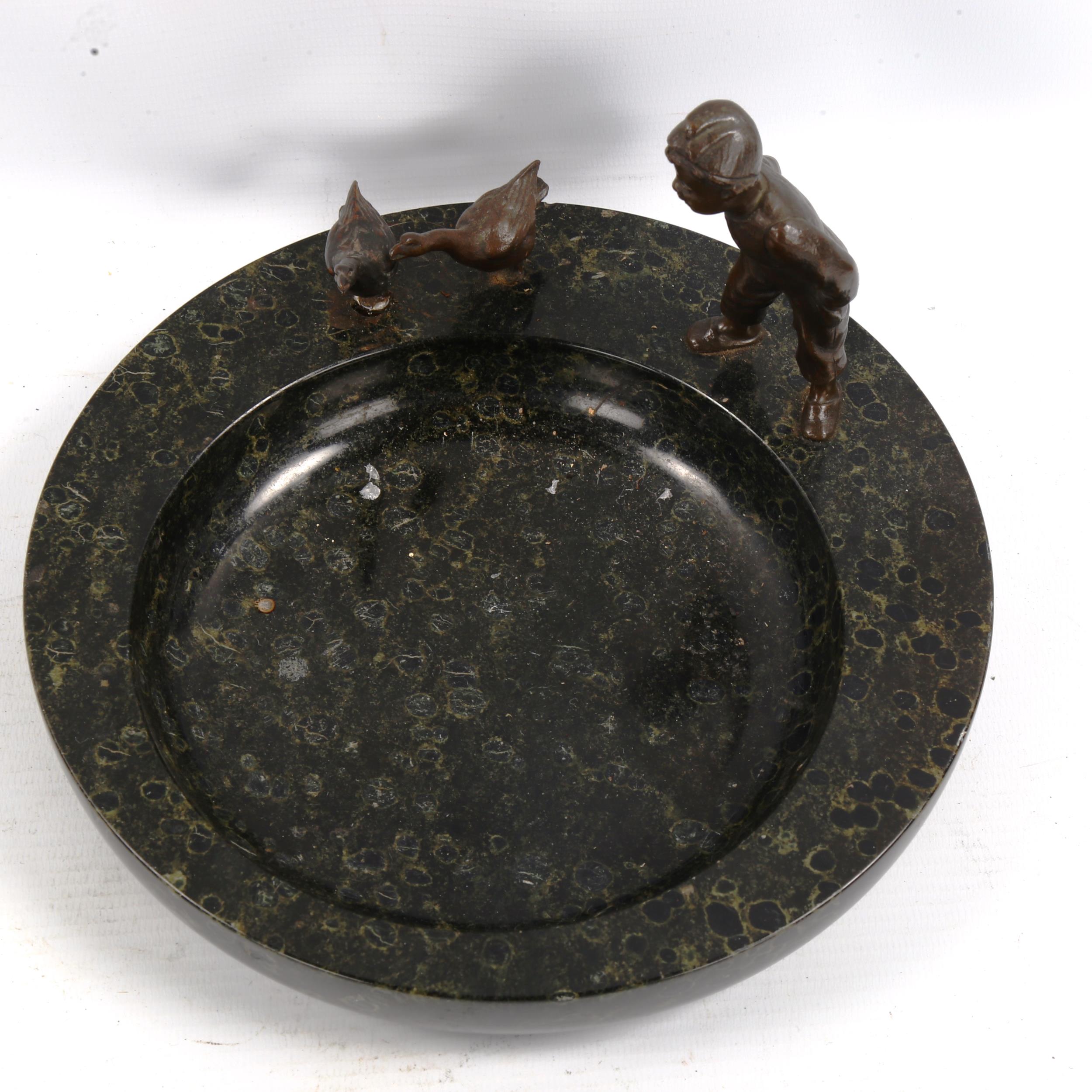 A marble bowl surmounted by bronze boy and geese, early 20th century, diameter 21cm - Image 2 of 3