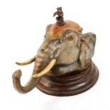 Bergmann style cold painted bronze inkwell, in the form of an elephant head with monkey finial,