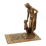 Bergmann style cold painted bronze female nude with panther on Persian rug, height 16cm