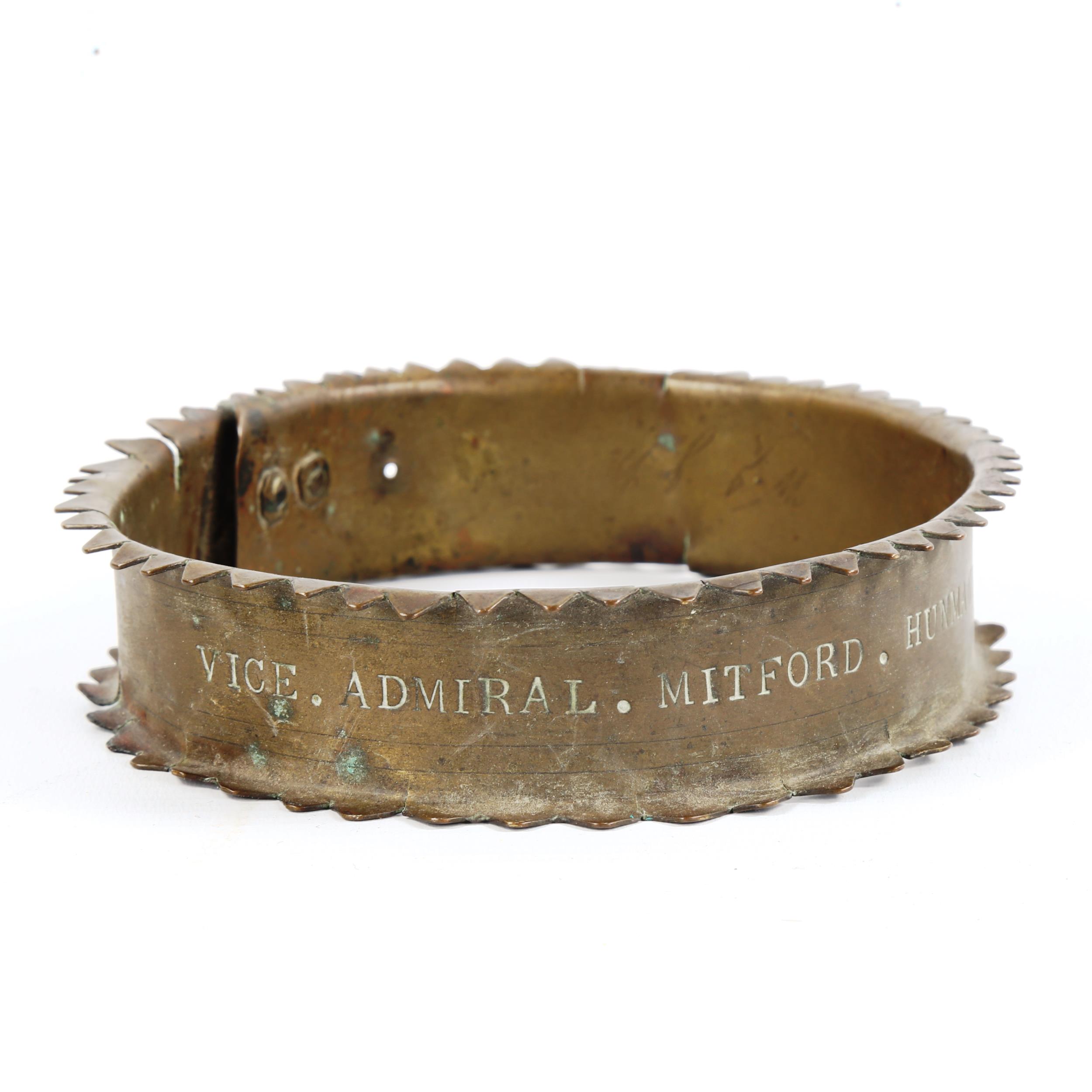 A 19th century brass dog collar with padlock clasp, inscribed Vice Admiral Mitford Hunmanby 1860, - Image 3 of 4