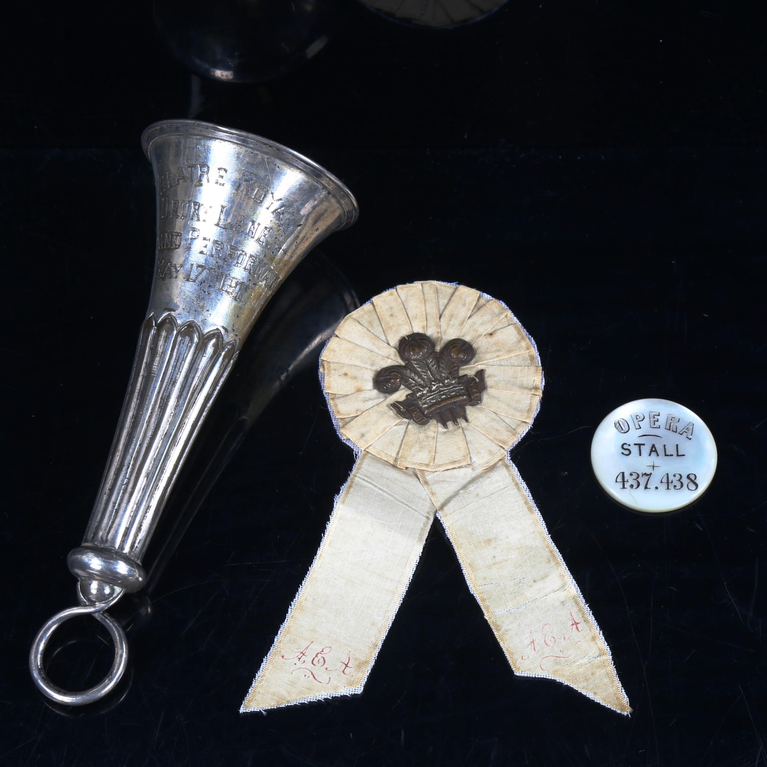A group of theatre related items, including a plated posy holder from the Theatre Royal Drury