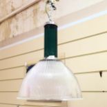 A Holophane pendant light fitting, with green glass upper part, height approx 60cm, diameter 46cm