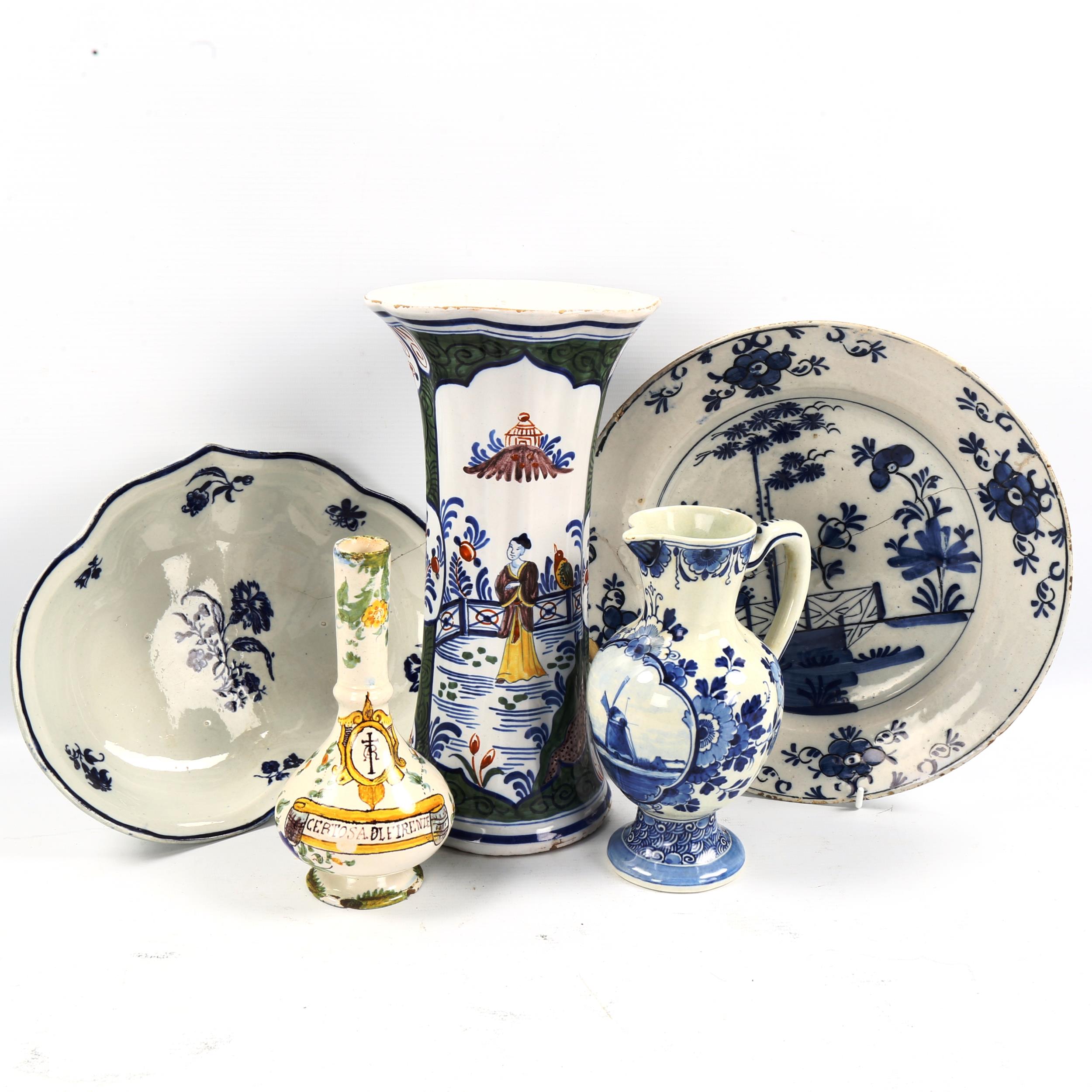 A group of tin glazed pottery, including a Worcester heart-shaped dish, length 26cm, and 18th