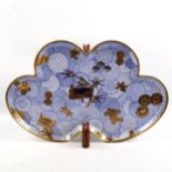A Worcester gilded blue and white porcelain tray of shaped form, finely detailed transfer