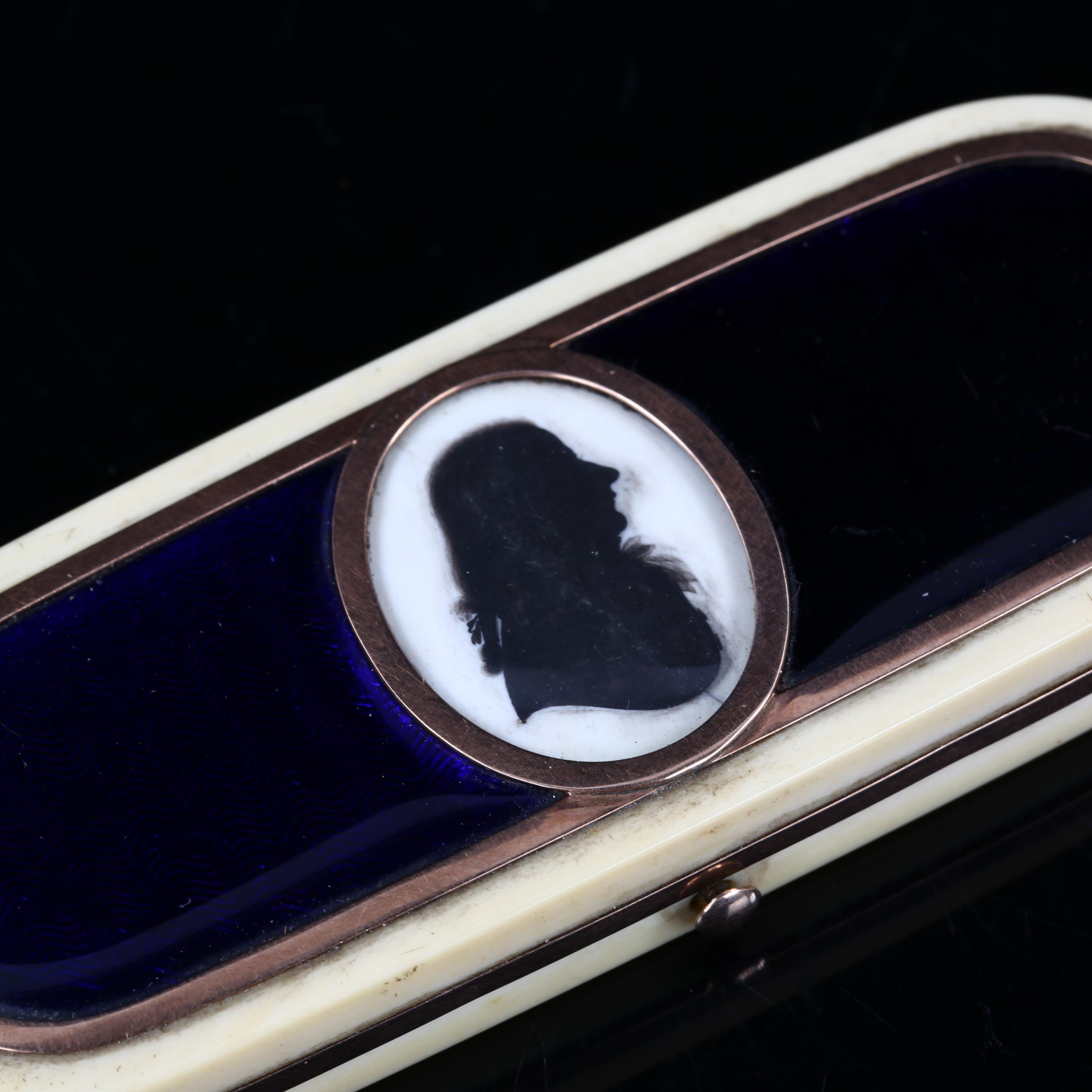 A 19th century ivory blue enamel and gold inlaid toothpick case, with mirror inside the lid, - Image 2 of 3