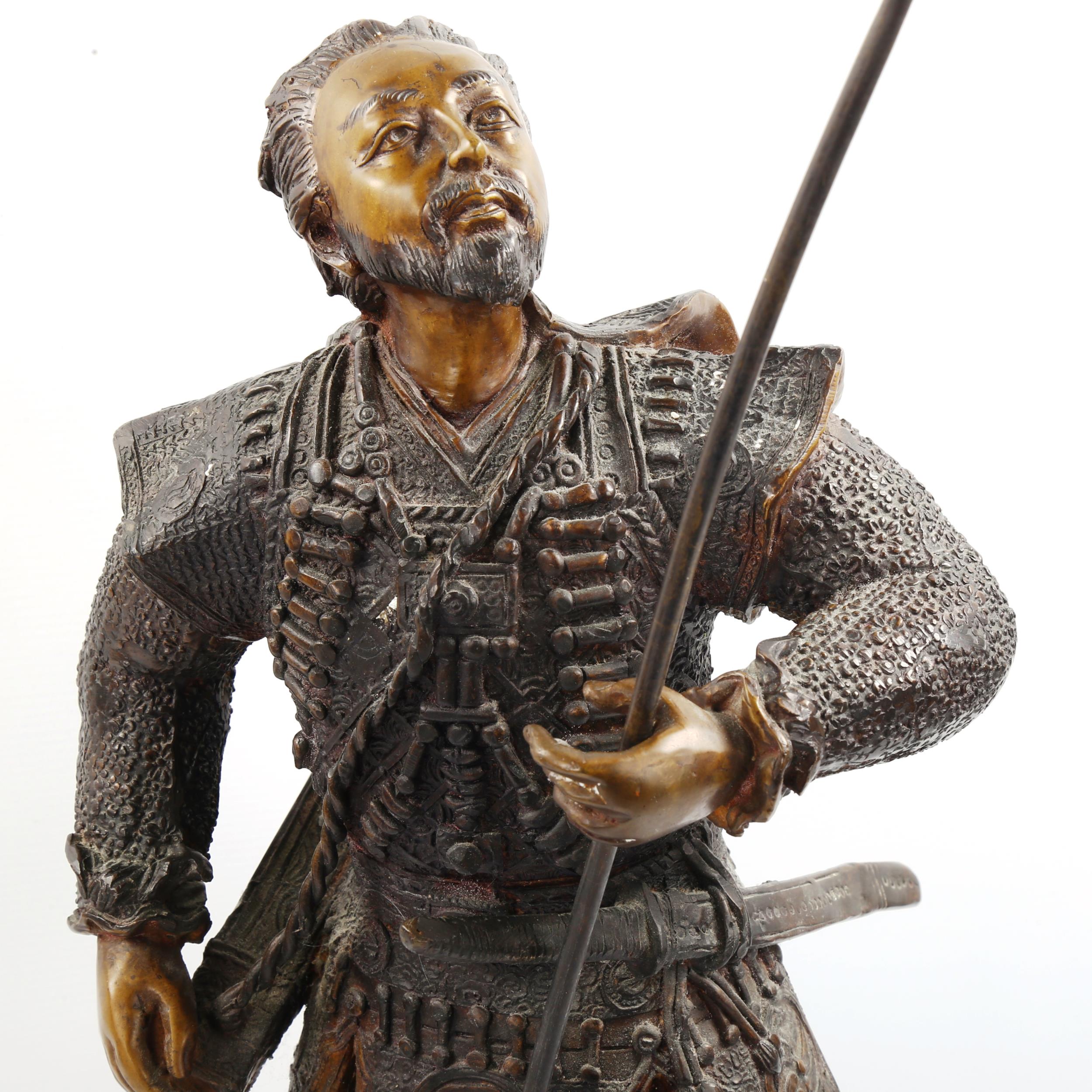 A patinated and polished bronze figure of a Japanese Samurai Warrior, height to top of head 51cm - Image 3 of 3