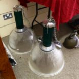 A pair Holophane pendant light fittings, with green glass upper part, height approx 60cm, diameter