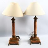 A pair of Sienna pink marble and brass-mounted table lamps and shades, overall height 57cm