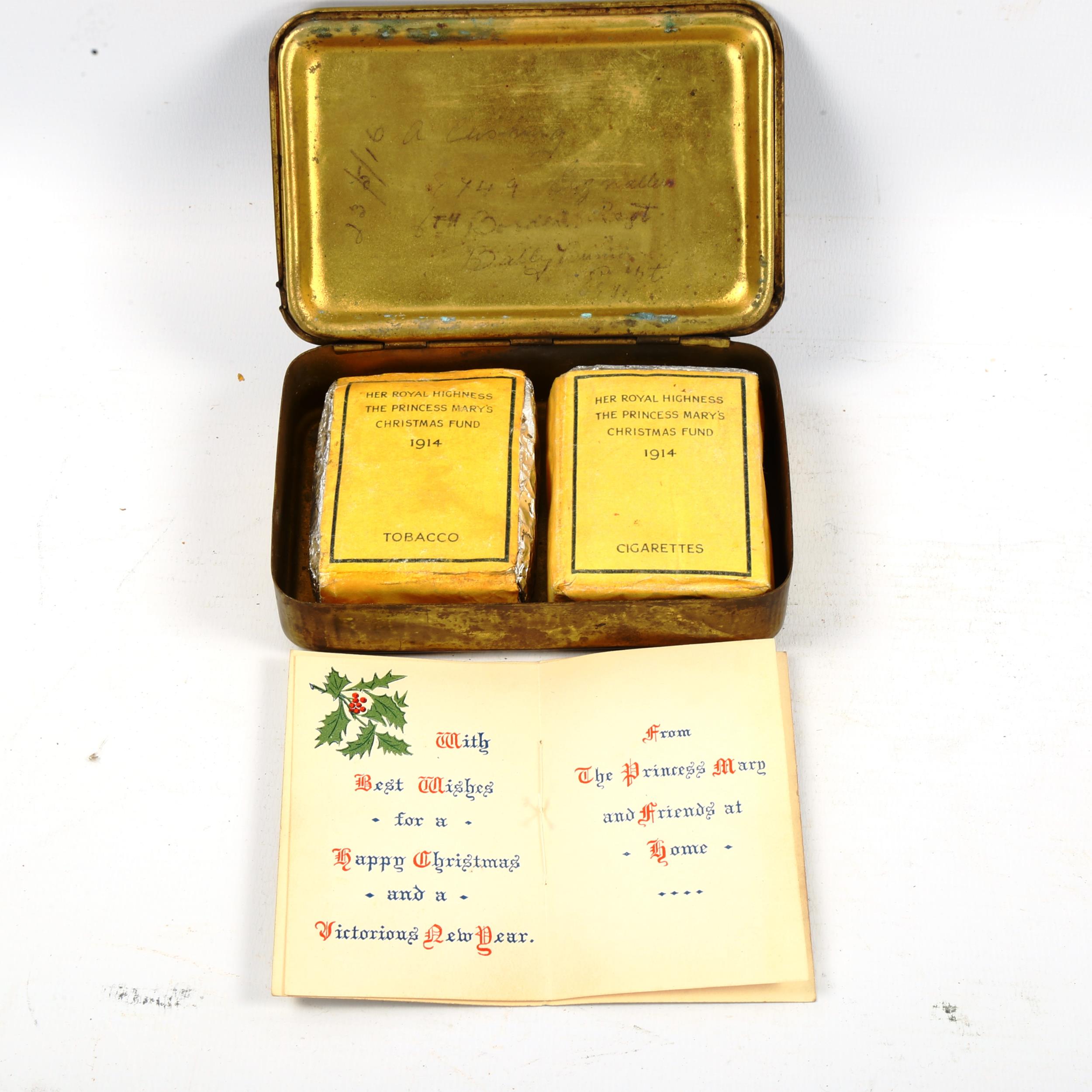 A 1914 Princess Mary Christmas tin, containing original tobacco, cigarettes and card - Image 3 of 3