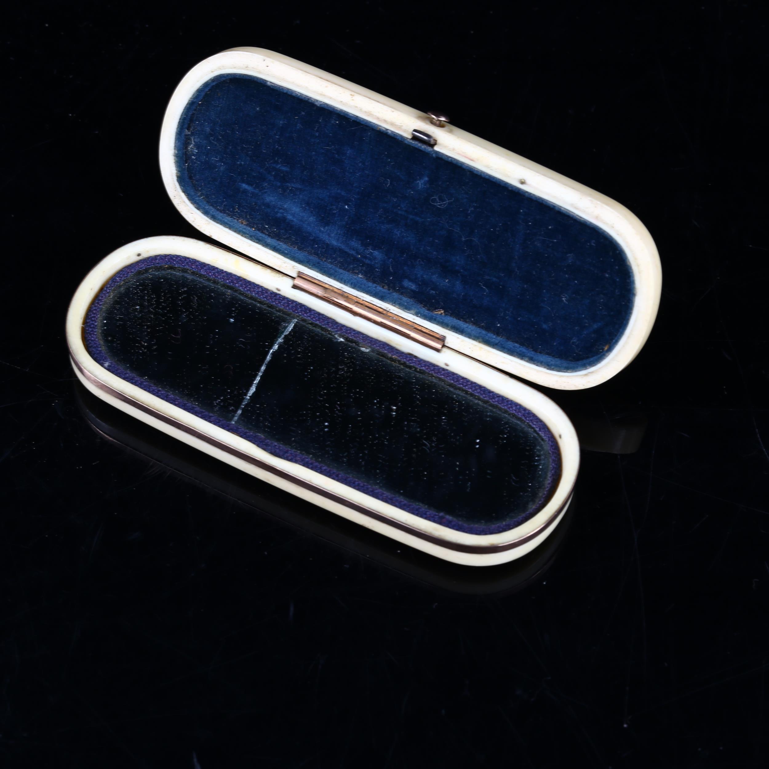A 19th century ivory blue enamel and gold inlaid toothpick case, with mirror inside the lid, - Image 3 of 3