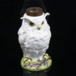 A William Whiteley porcelain owl design oil lamp base, height 18cm