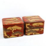 A pair of Japanese gilded red lacquer square 2-section boxes and covers, with heron designs, 21cm