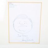 Harry Secombe hand drawn ink self portrait on headed paper, signed, framed, overall frame dimensions