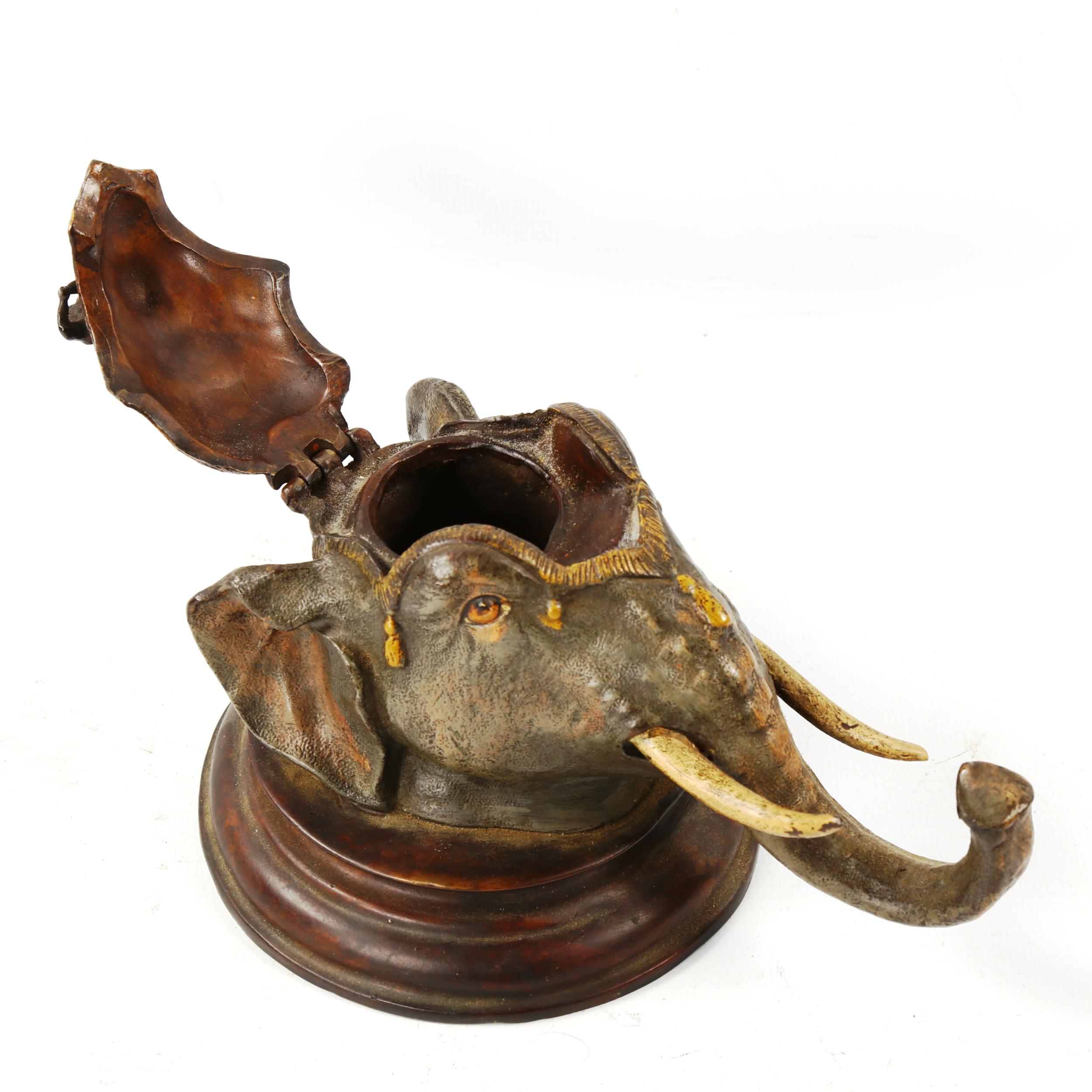 Bergmann style cold painted bronze inkwell, in the form of an elephant head with monkey finial, - Image 2 of 3