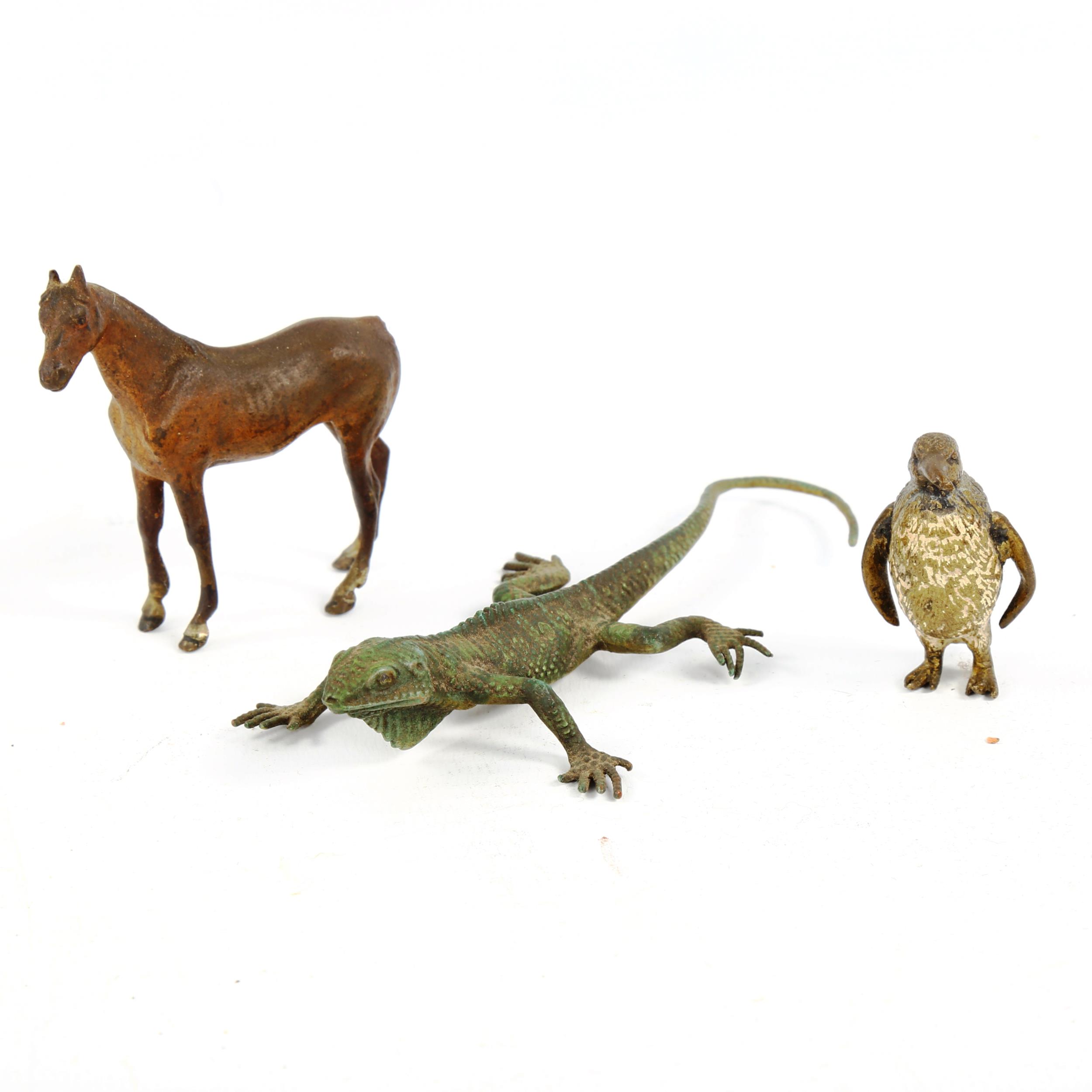 3 Austrian cold painted bronze animals, penguin, height 4cm, horse, height 6cm, and a lizard (3)