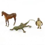 3 Austrian cold painted bronze animals, penguin, height 4cm, horse, height 6cm, and a lizard (3)