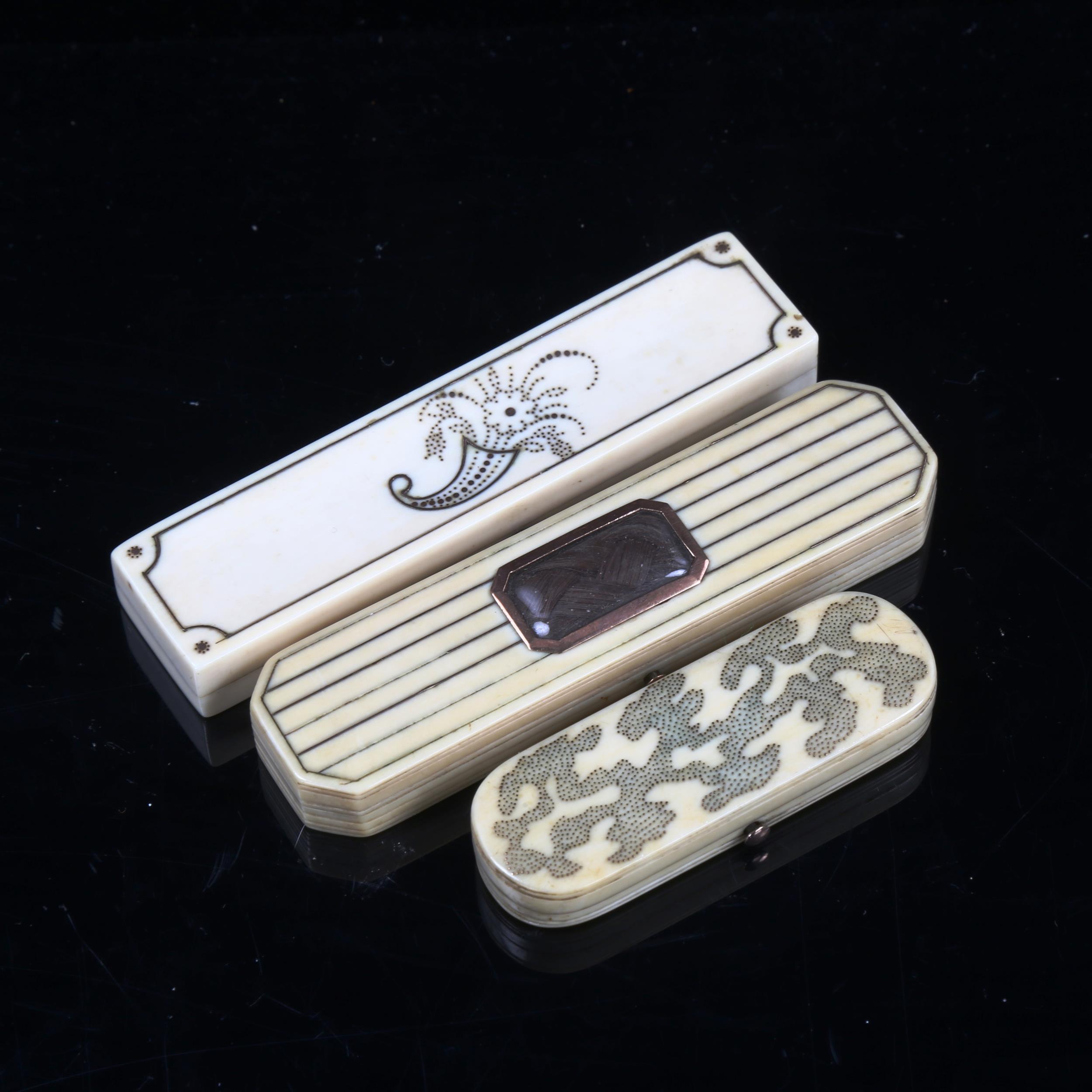 3 Georgian ivory and gold inlaid toothpick cases, 1 with hair panel on the lid (3)