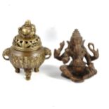 An Indian solid cast bronze figure of Ganesh, height 10cm, and a Chinese polished bronze incense