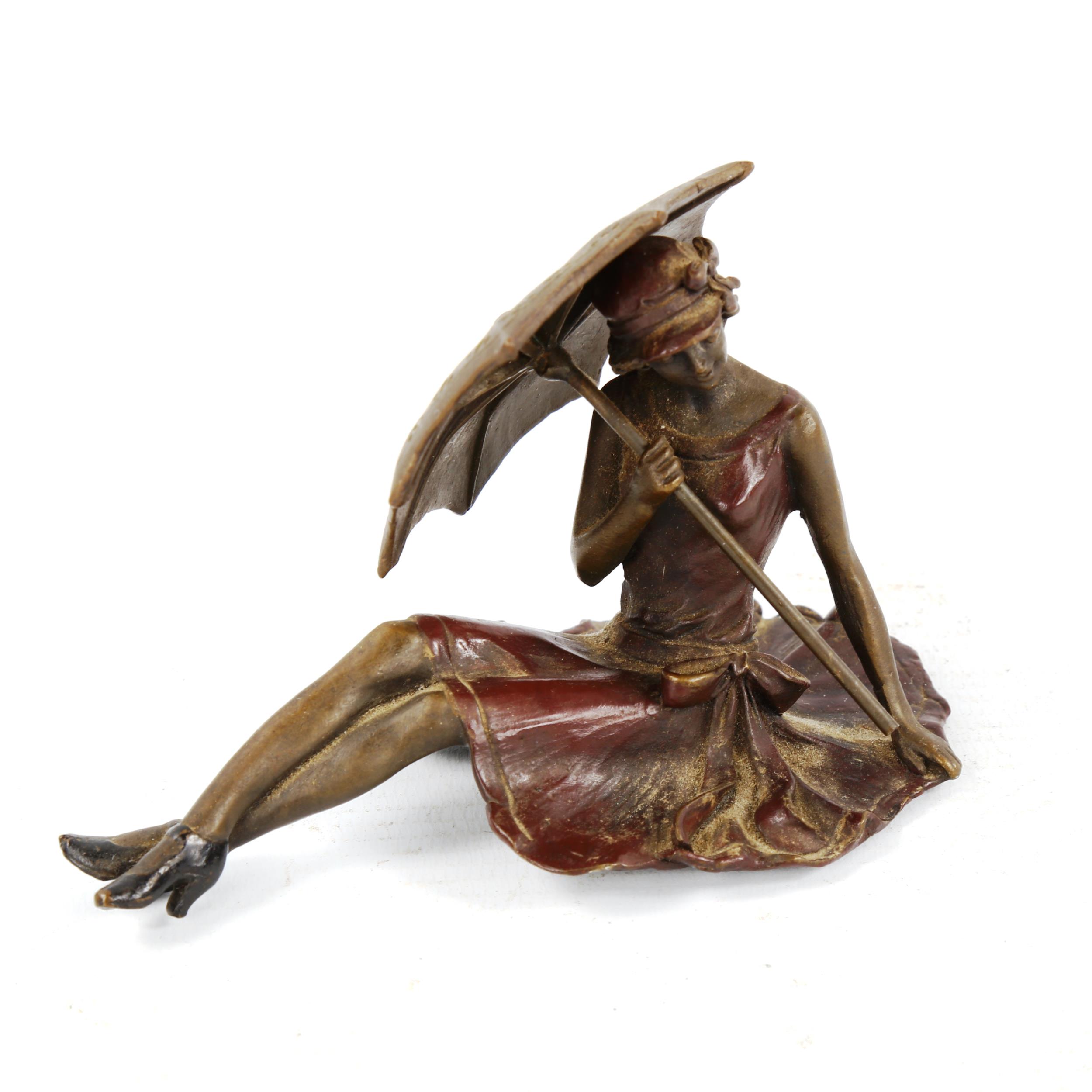 Bergmann style cold painted bronze erotic figure, woman with parasol, length 11cm