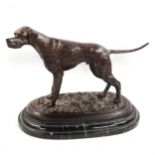 A contemporary patinated bronze sculpture of a Pointer dog, on marble plinth, length 34cm, modern
