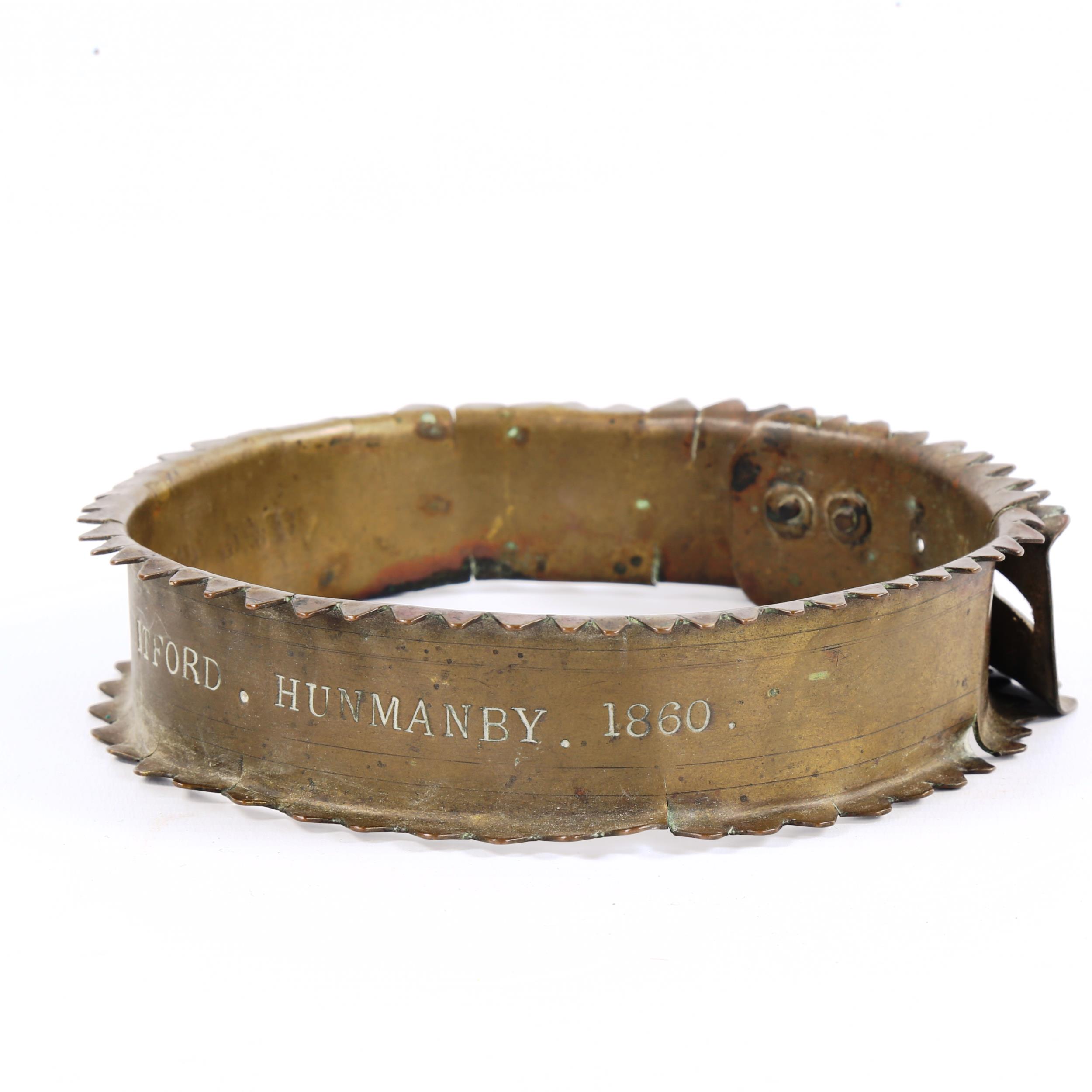 A 19th century brass dog collar with padlock clasp, inscribed Vice Admiral Mitford Hunmanby 1860, - Image 4 of 4