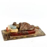 Bergmann style cold painted bronze erotic sculpture, woman laying on a bed with removeable covers,