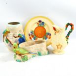 **WITHDRAWN** 4 pieces of Clarice Cliff pottery, comprising a Lovebirds design vase, height 21cm, a