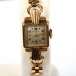 BENSON - a lady's 9ct gold mechanical bracelet watch, circa 1950, square silvered dial with gilt