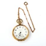 ELGIN - a gold plated open-face keyless-wind pocket watch, white enamel dial with Arabic numerals,