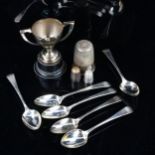 Various silver, including 'Just A Thimbleful' drinking tot measure, spoons etc, 4.4oz weighable