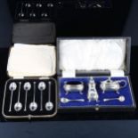 Various silver, including 3-piece cruet set and set of 6 coffee spoons, 4.6oz total, both cased